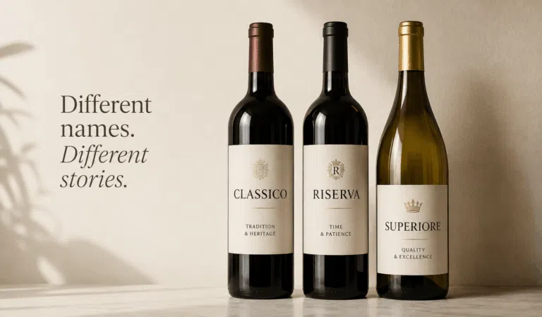 Three wine bottles labeled Classico, Riserva, and Superiore