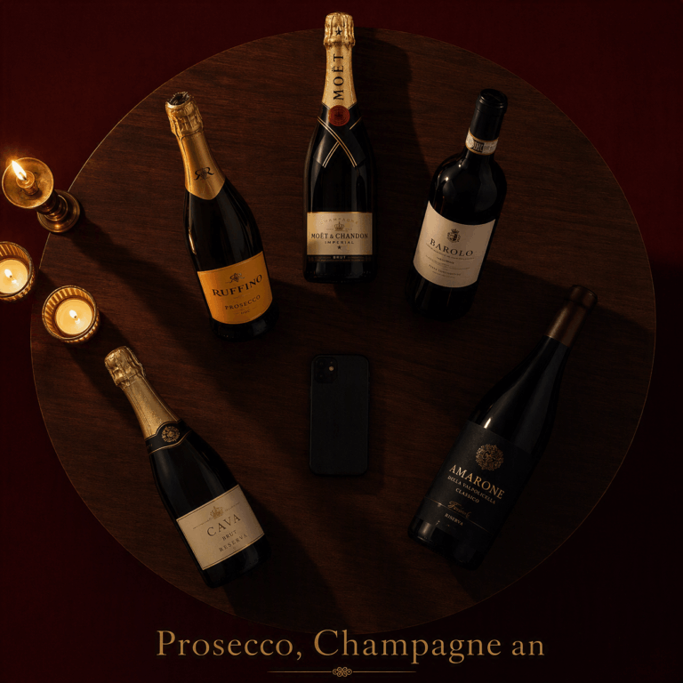 Prosecco, Champagne, Barolo, Amarone and Cava bottles arranged in a group chat formation on a dark walnut surface — Italian wine humor by thefinestitalianwine.com