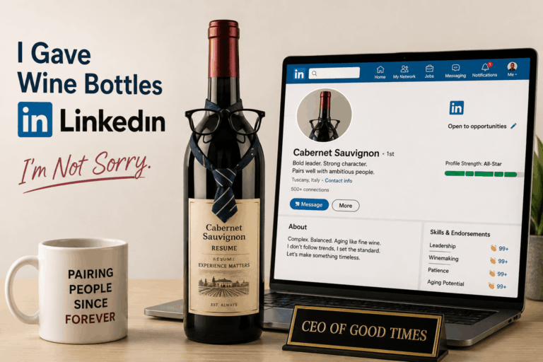 Humorous wine bottle with a LinkedIn profile showing a Cabernet Sauvignon professional profile
