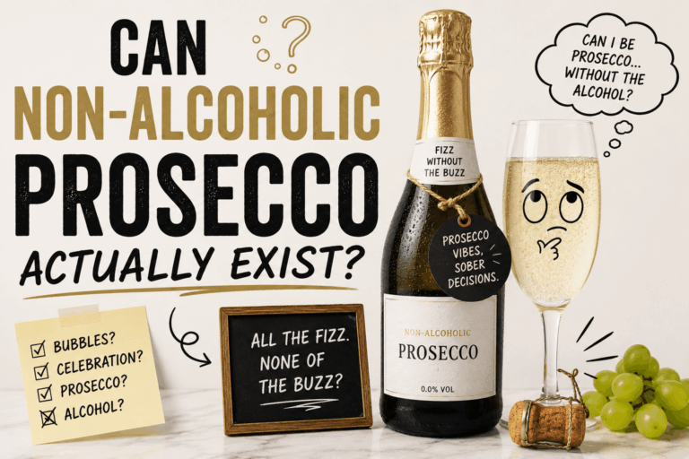 Non-alcoholic Prosecco bottle and sparkling wine asking whether alcohol-free Prosecco can legally exist