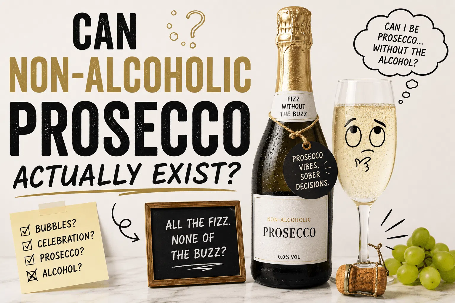 Non-alcoholic Prosecco bottle and sparkling wine asking whether alcohol-free Prosecco can legally exist