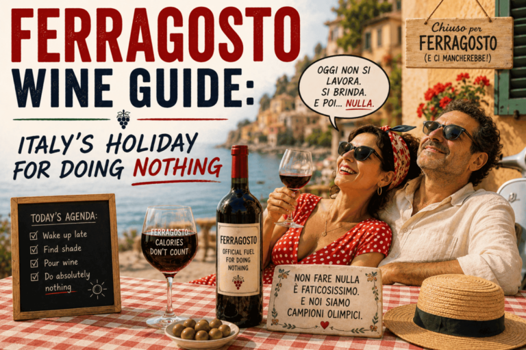 Italian couple enjoying wine during Ferragosto holiday in Italy