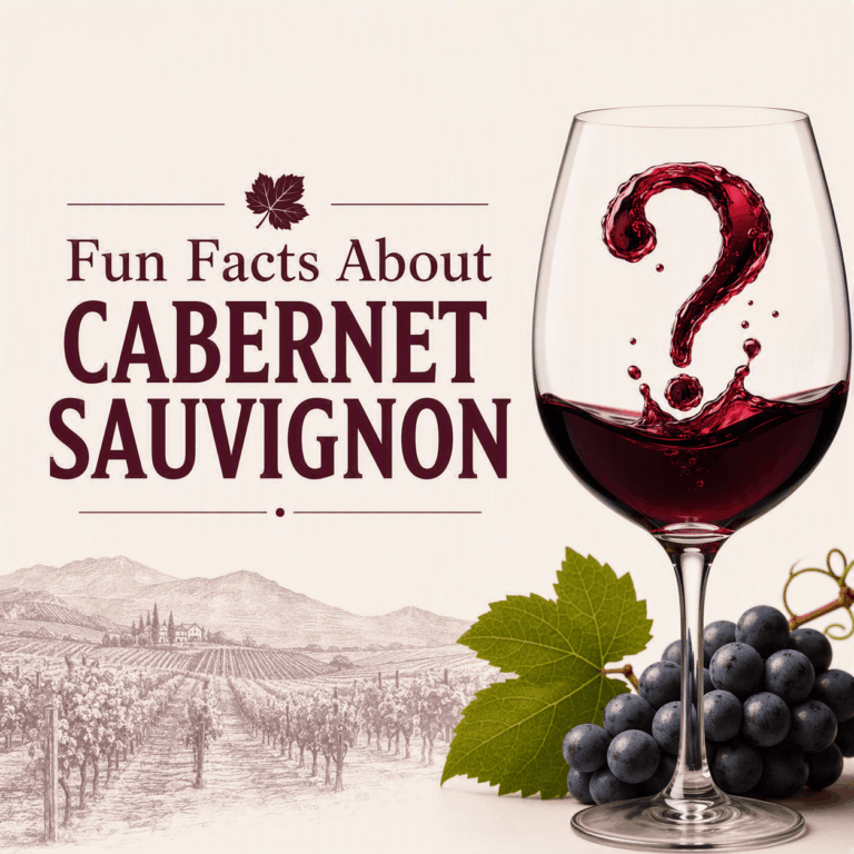 An image featuring a wine glass with a question mark made of splashed red wine. Next to it, the text "Fun Facts About CABERNET SAUVIGNON" with a grape leaf icon and a sketch of a vineyard. There's also a cluster of grapes
