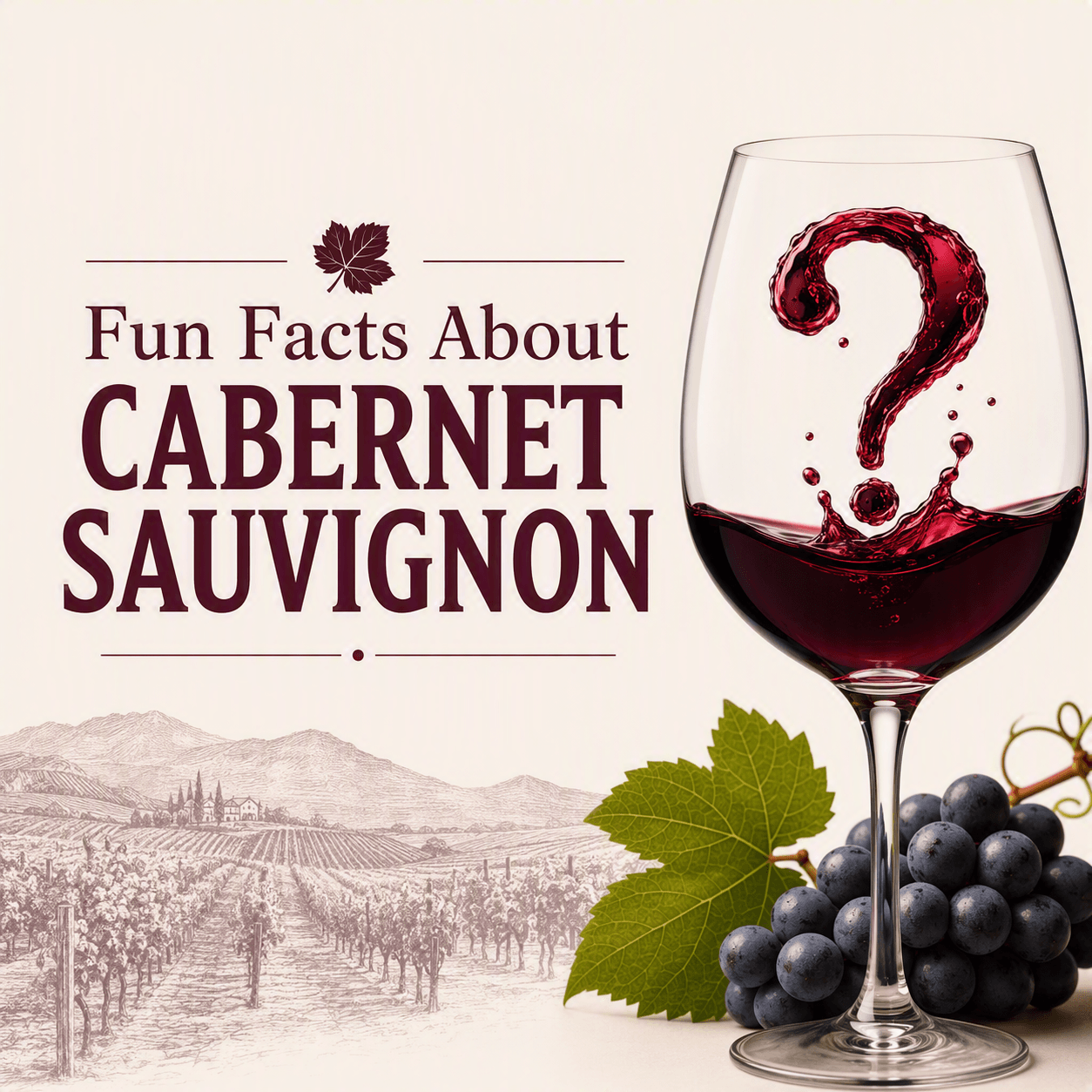 An image featuring a wine glass with a question mark made of splashed red wine. Next to it, the text "Fun Facts About CABERNET SAUVIGNON" with a grape leaf icon and a sketch of a vineyard. There's also a cluster of grapes