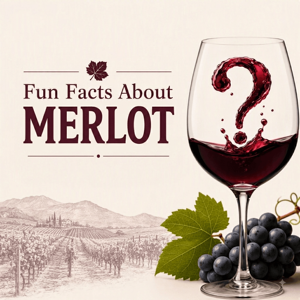 An infographic featuring a glass of red wine with a question mark made of wine splashing, next to text that reads "Fun Facts About MERLOT". In the background, there is a sketch of a vineyard and a cluster of grapes.