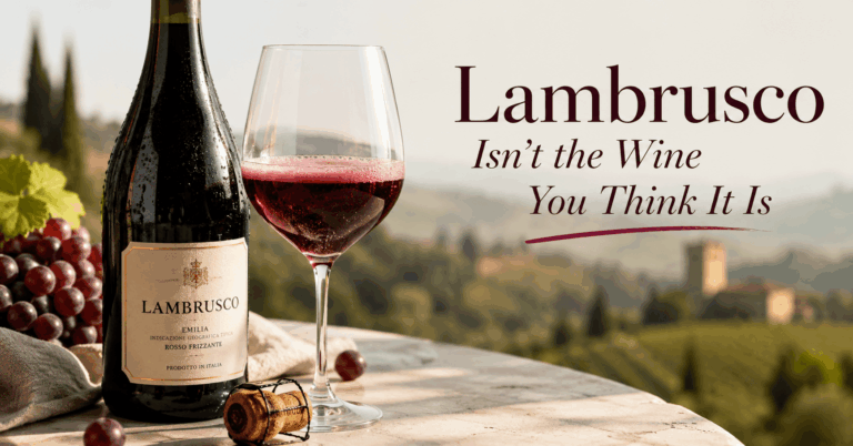 Glass and bottle of sparkling Lambrusco wine in an Italian vineyard illustrating why Lambrusco is different from what most people expect.