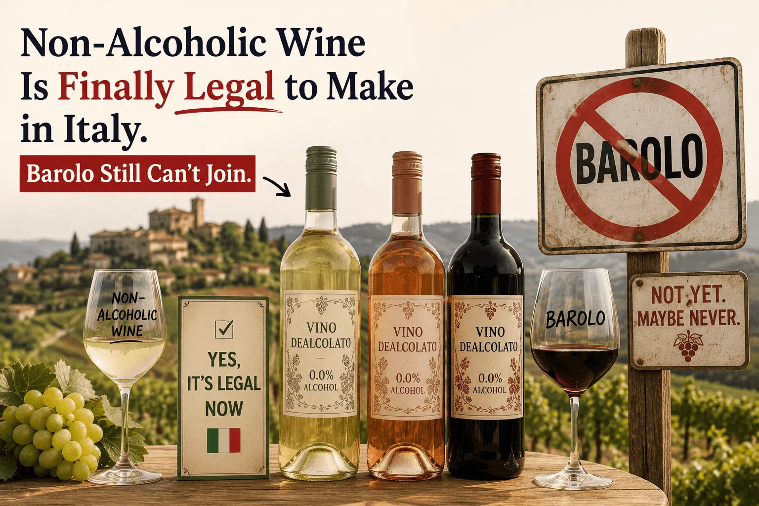Non-alcoholic wine in Italy with Barolo excluded from dealcoholized wine production