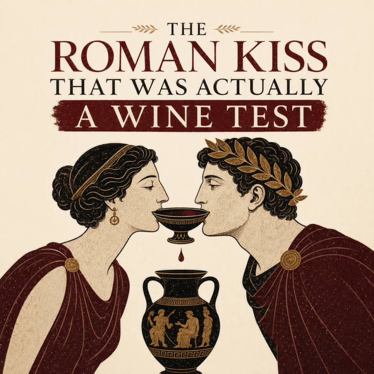 Illustration of a Roman man and woman kissing over a wine cup, referencing the ancient ius osculi custom of checking a woman's breath for wine.