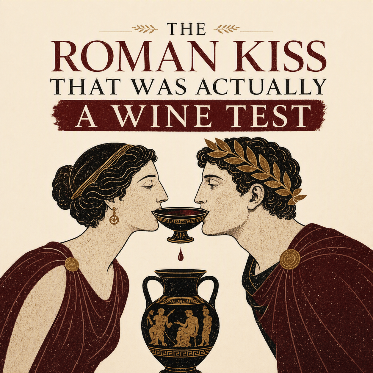 Illustration of a Roman man and woman kissing over a wine cup, referencing the ancient ius osculi custom of checking a woman's breath for wine.