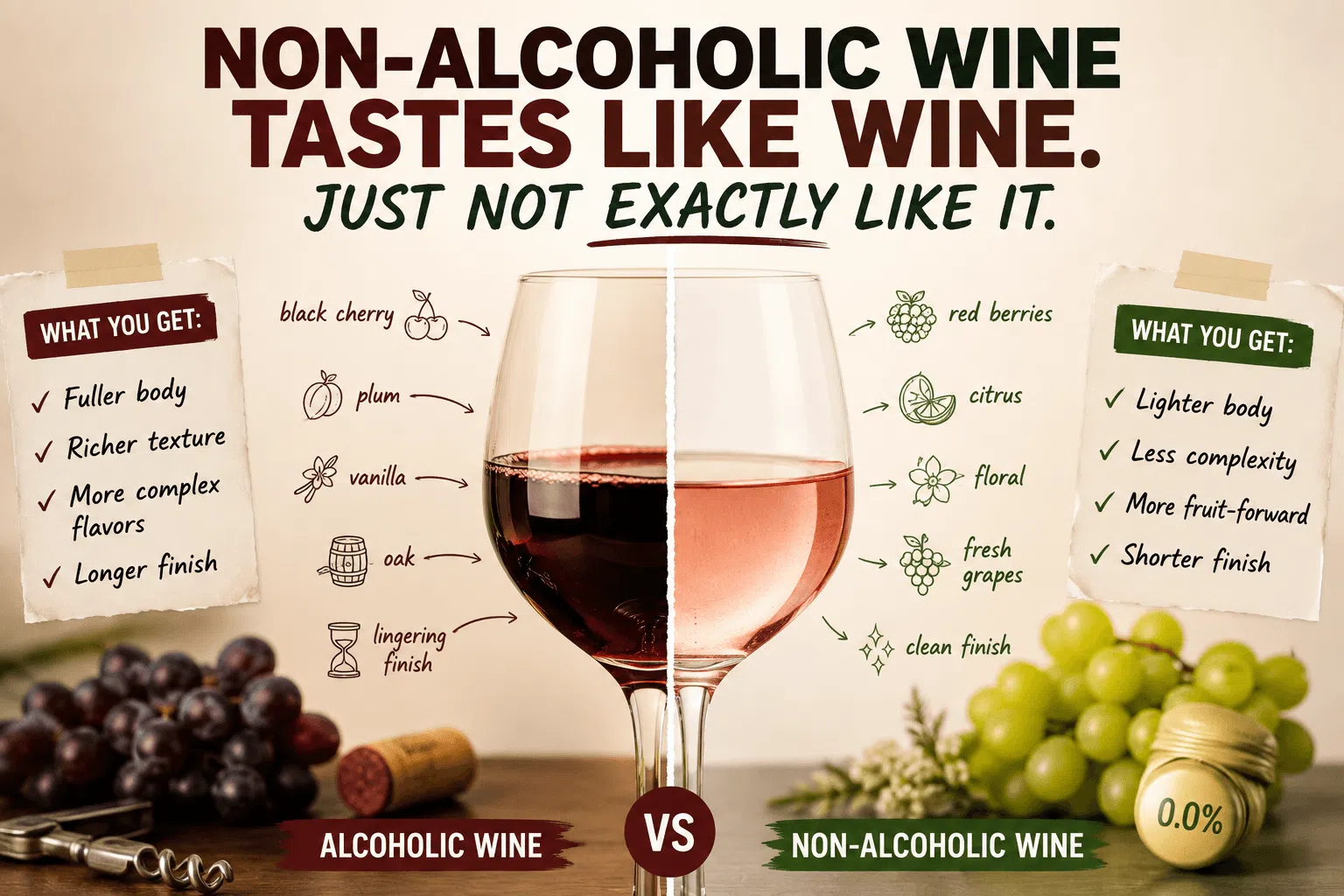 Alcoholic vs non-alcoholic wine taste, body, texture and flavor comparison