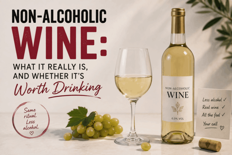 Non-alcoholic wine bottle and glass showing what alcohol-free wine really is