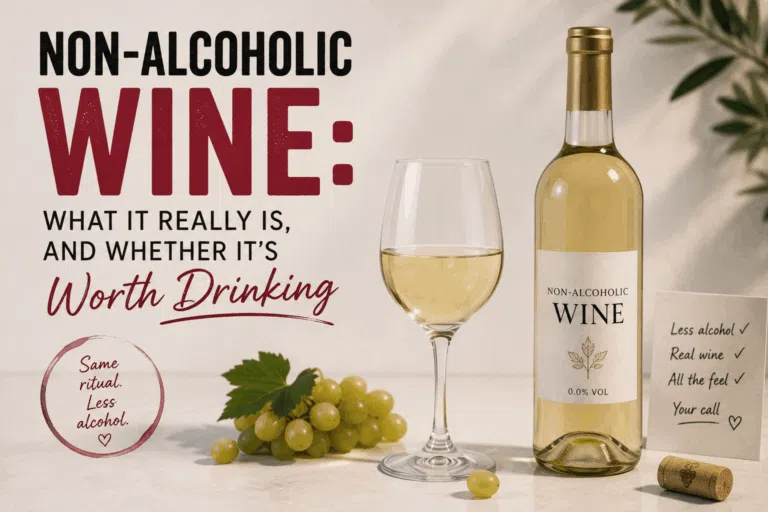 Non-alcoholic wine bottle and glass showing what alcohol-free wine really is