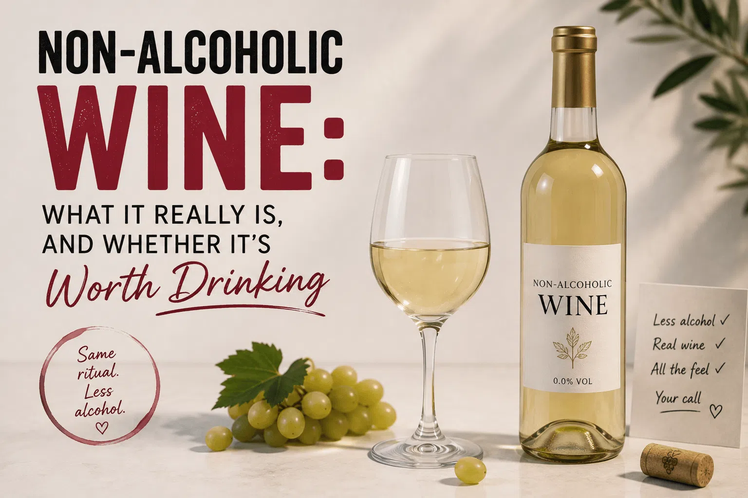 Non-alcoholic wine bottle and glass showing what alcohol-free wine really is