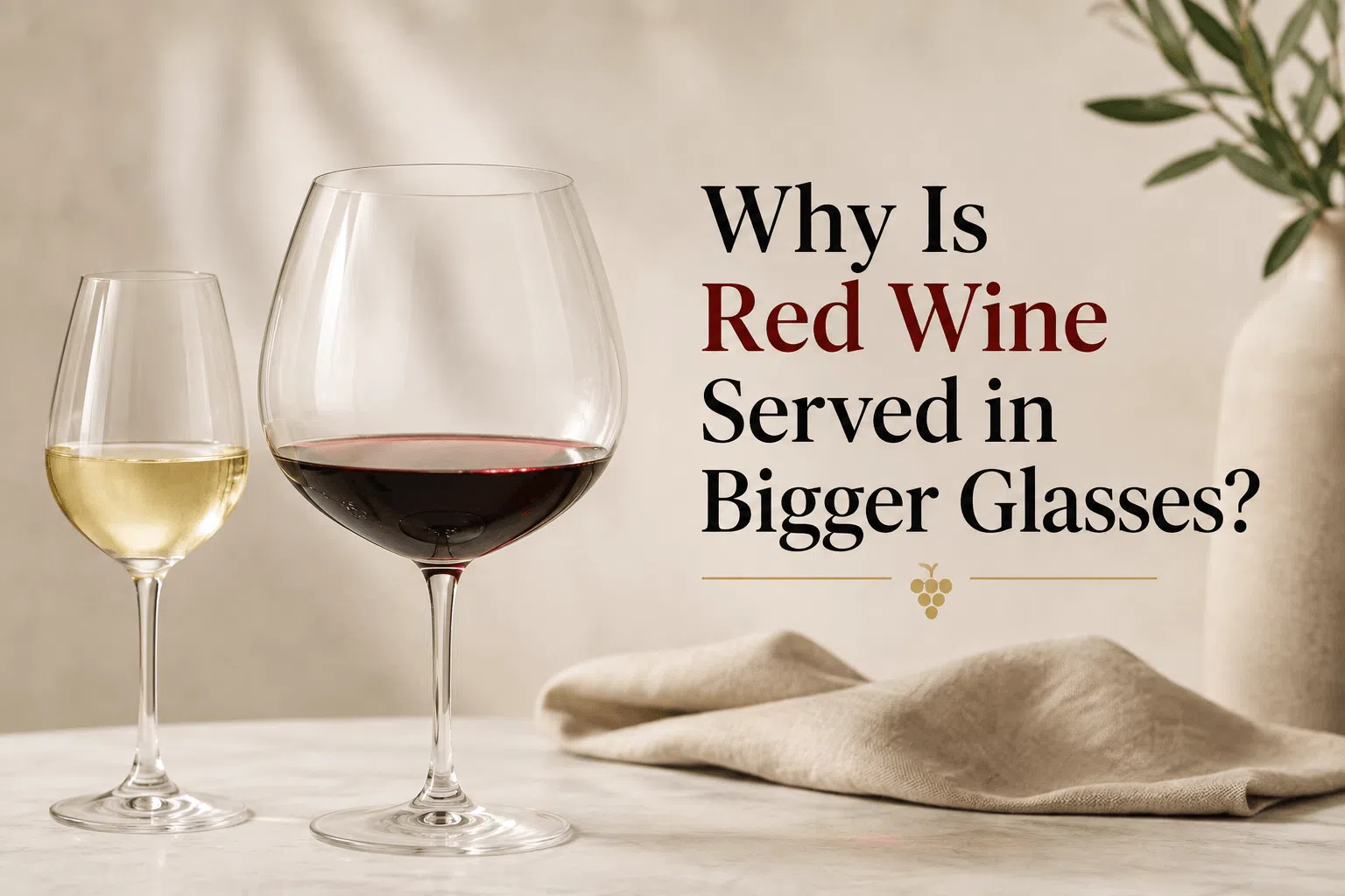 Why is red wine served in bigger glasses? Large red wine glass beside a smaller white wine glass showing the difference in bowl size.