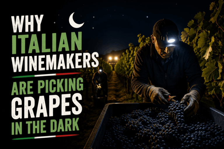 Italian winemakers picking wine grapes at night during harvest