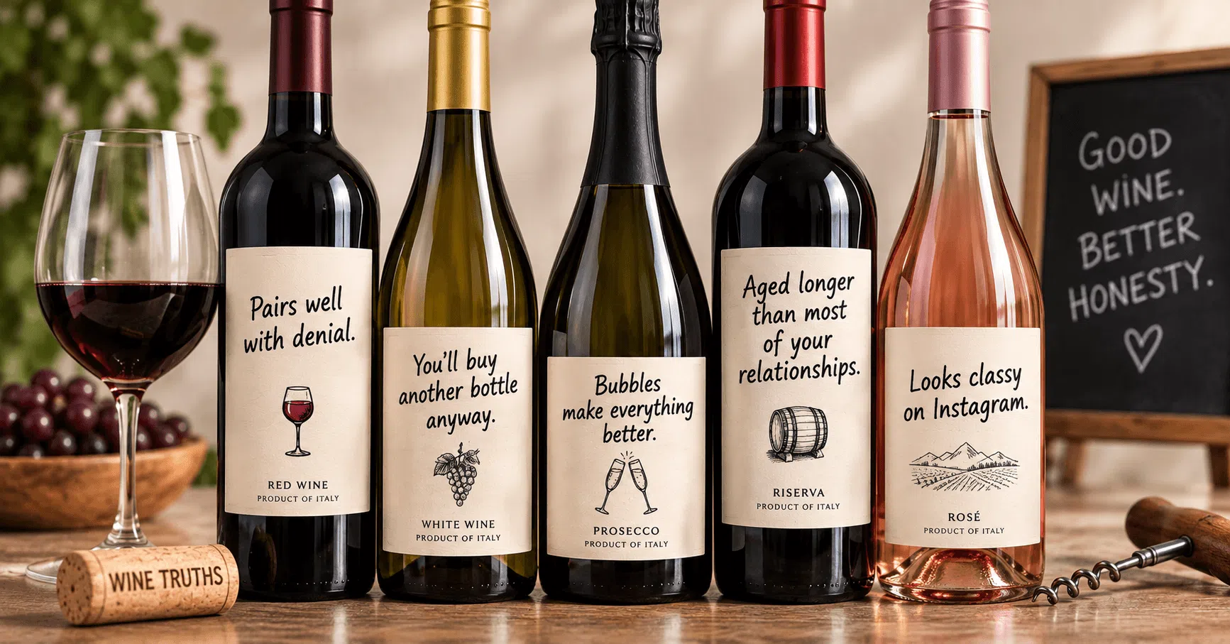 Funny honest wine labels showing what wine bottles would say if they told the truth