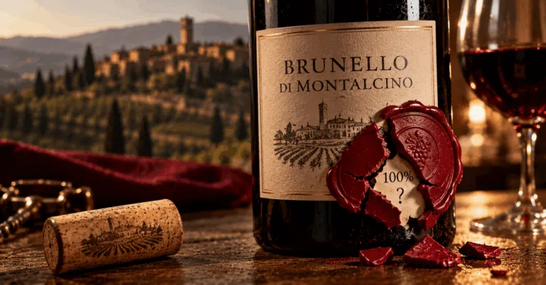 Brunello di Montalcino bottle with a cracked seal representing the Brunellopoli wine scandal