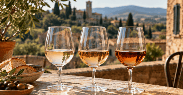 Three glasses of Italian Pinot Grigio ranging from pale straw to golden and copper ramato