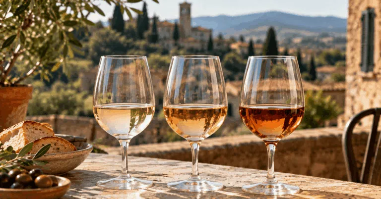 Three glasses of Italian Pinot Grigio ranging from pale straw to golden and copper ramato