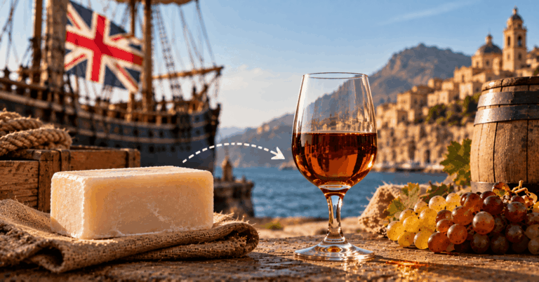 Soap, British trading ship and Marsala wine illustrating John Woodhouse's role in Marsala wine history