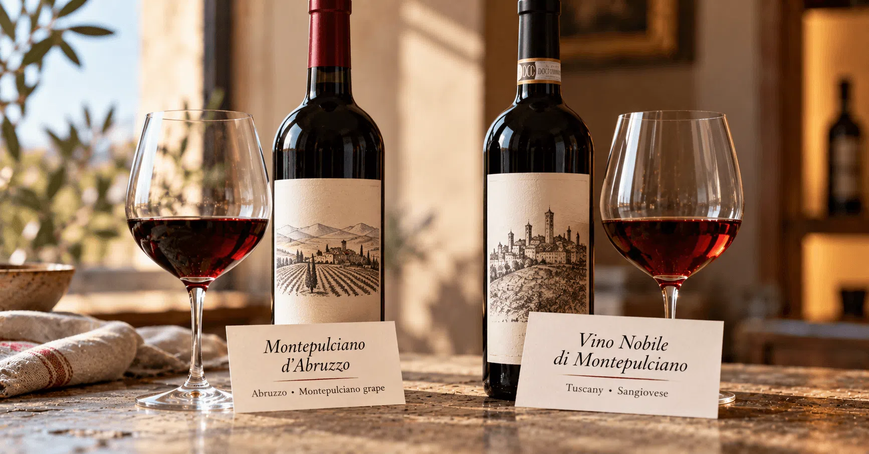 Montepulciano d’Abruzzo and Vino Nobile di Montepulciano side by side, comparing the Abruzzo Montepulciano grape wine with Tuscany’s Sangiovese wine