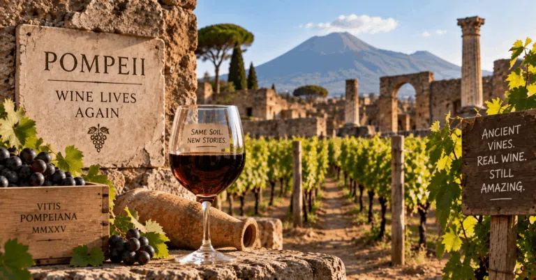 Wine grapes growing among the ancient ruins of Pompeii with Mount Vesuvius behind the vineyard