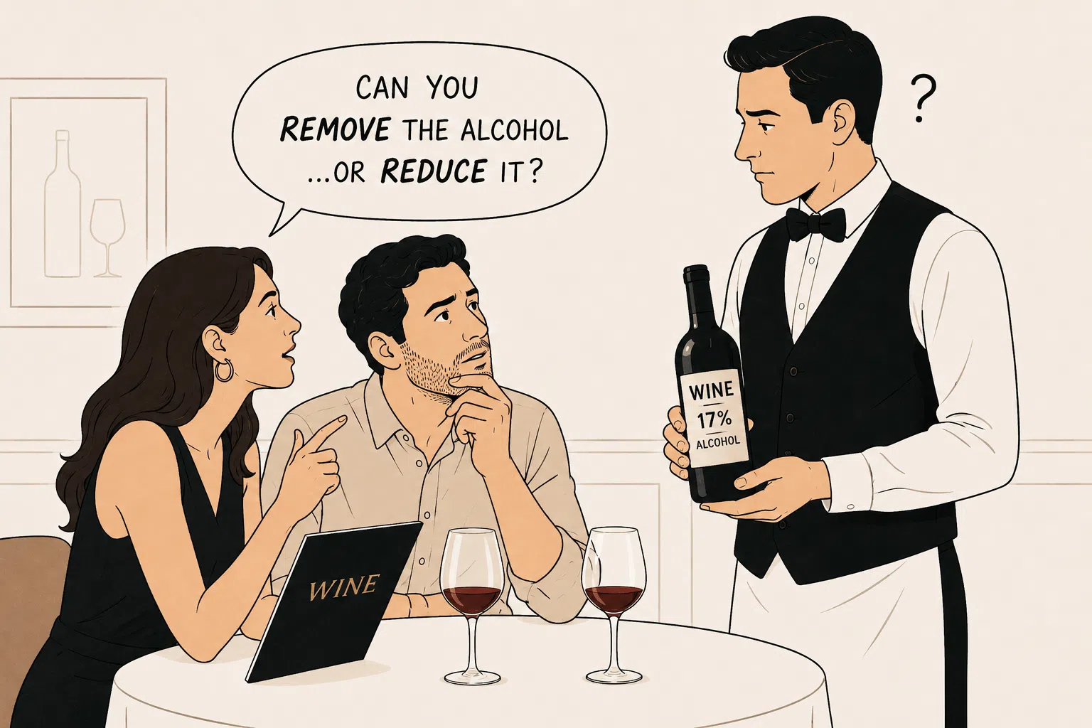 Couple asking a restaurant waiter to reduce the alcohol content of their wine