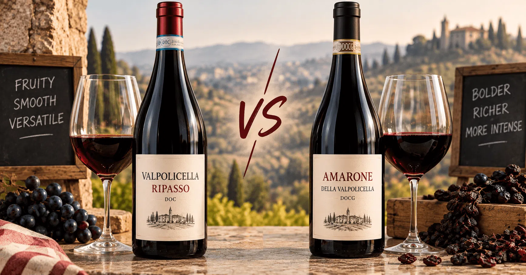 Ripasso vs Amarone comparison showing two Valpolicella red wines side by side