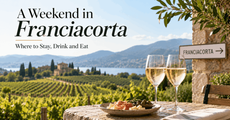 Franciacorta vineyards and sparkling wine overlooking the Italian countryside