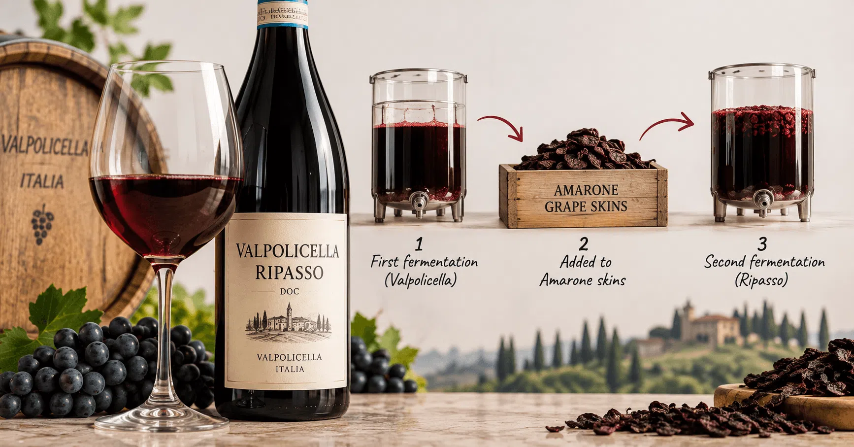 How Valpolicella Ripasso wine is made using Amarone grape skins for a second fermentation