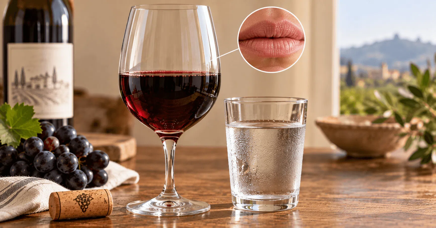 Red wine and water illustrating why wine makes your mouth feel dry