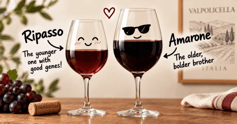 Glass of Ripasso wine next to Amarone showing why Ripasso is called Baby Amarone