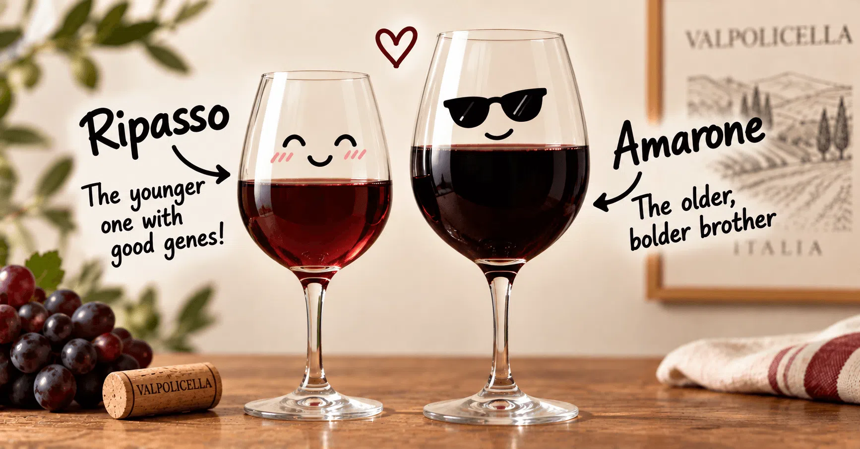 Glass of Ripasso wine next to Amarone showing why Ripasso is called Baby Amarone