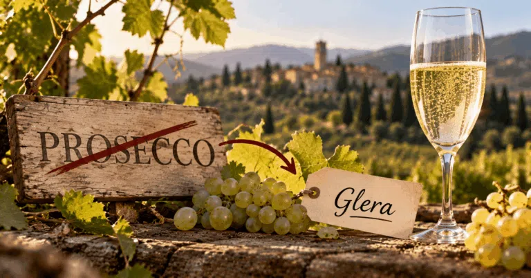Prosecco grape name crossed out and replaced with Glera beside grapes and sparkling wine