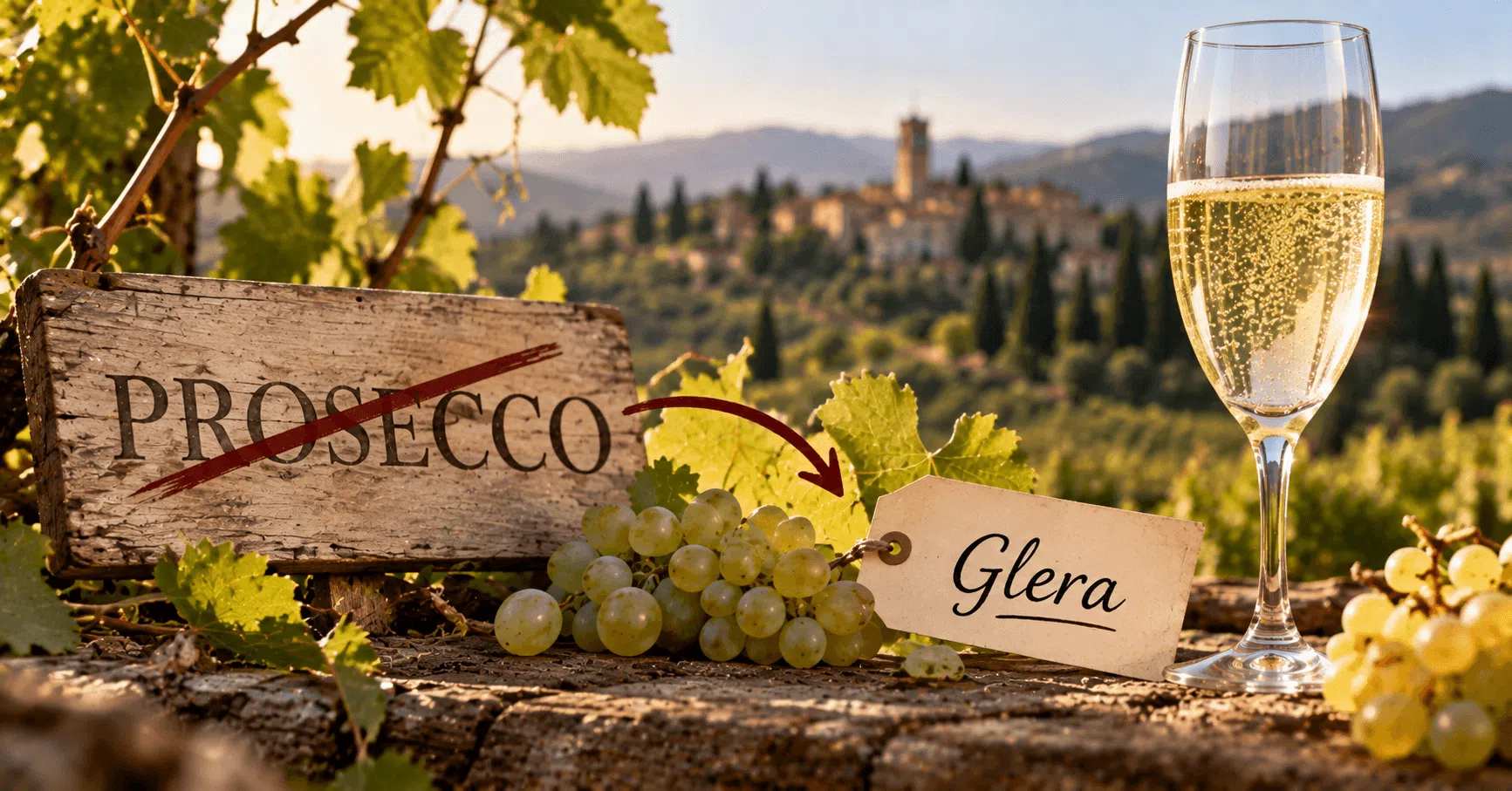 Prosecco grape name crossed out and replaced with Glera beside grapes and sparkling wine