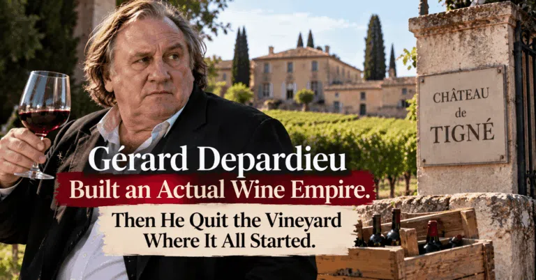 Gérard Depardieu with red wine at Château de Tigné, the vineyard at the heart of his wine business
