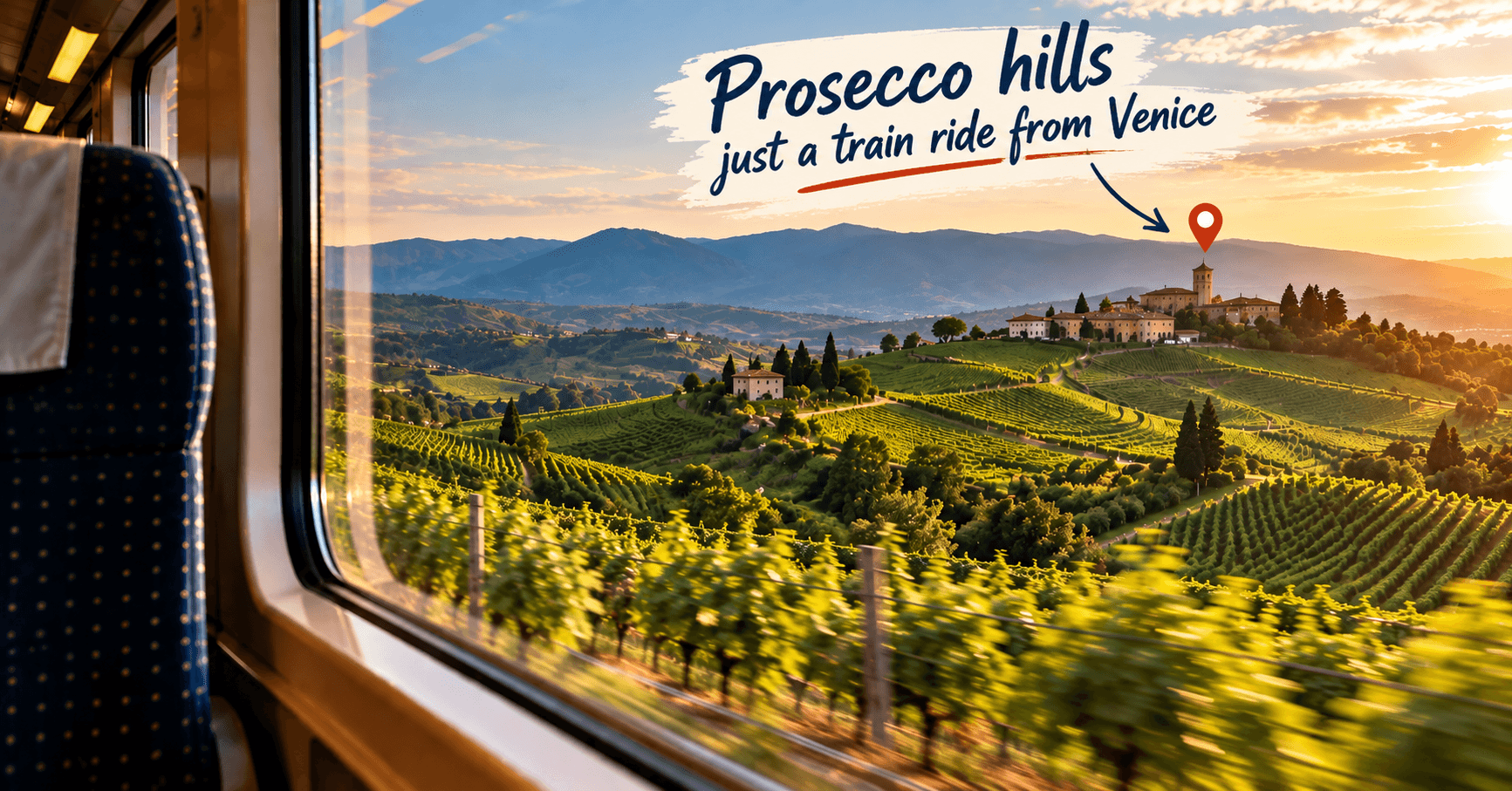 Train journey from Venice through the rolling vineyards of the Prosecco Hills in Veneto