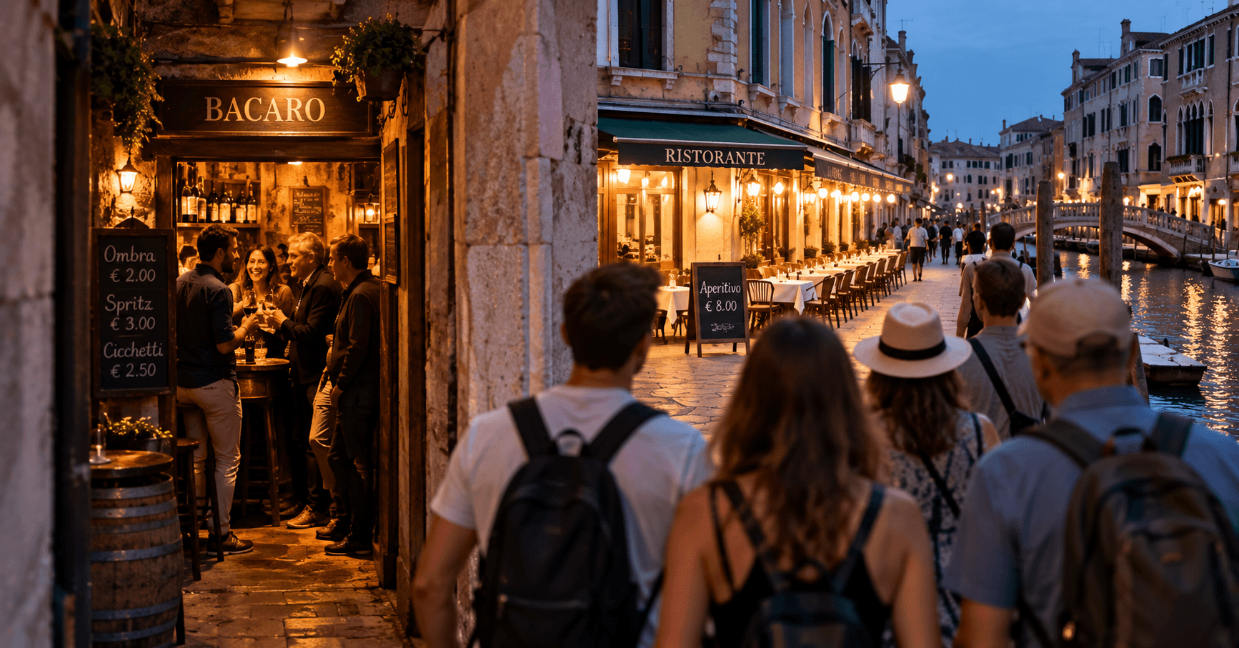 Tourists walking past a traditional Venice bacaro where locals drink small glasses of wine called ombre
