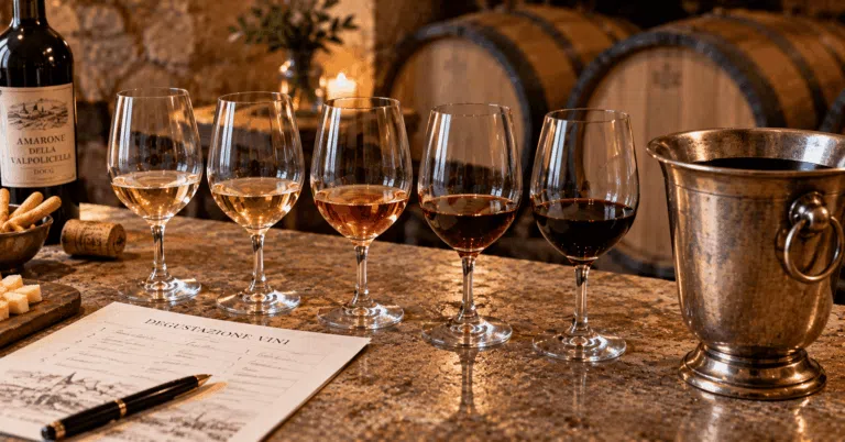 Italian wine tasting flight with five small wine pours, tasting notes and a traditional metal spittoon