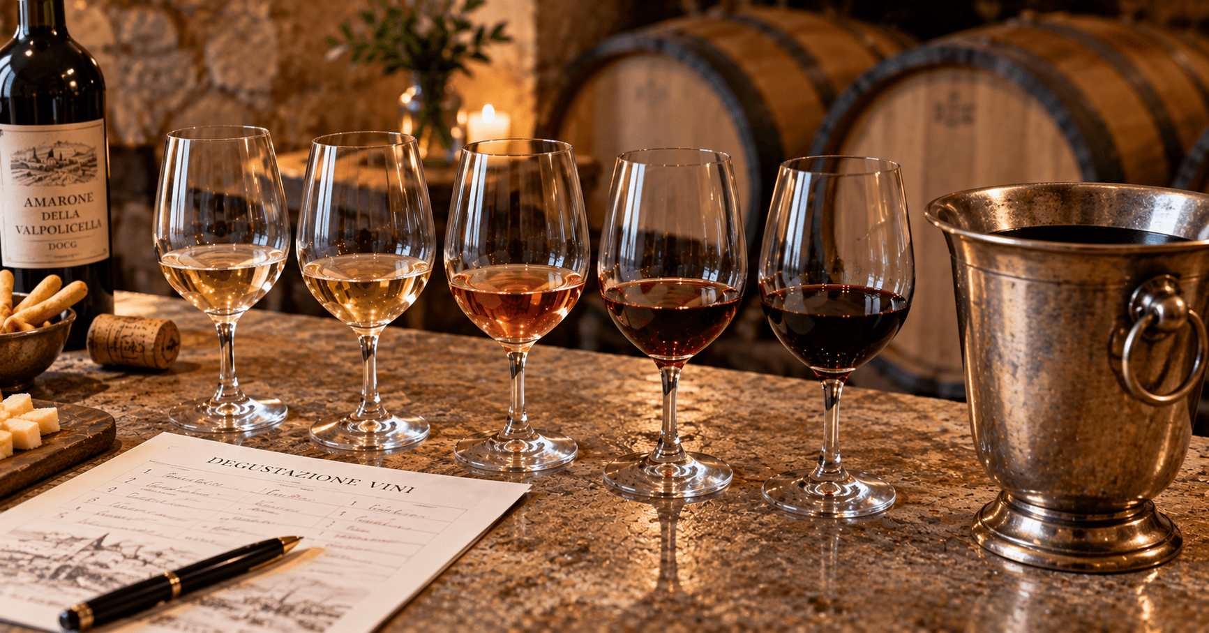 Italian wine tasting flight with five small wine pours, tasting notes and a traditional metal spittoon