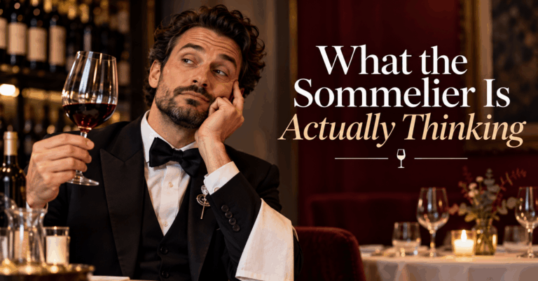 Sommelier holding a glass of red wine with a politely exhausted expression in an elegant restaurant