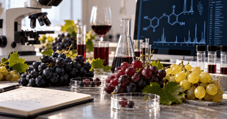 Wine grape varieties beside laboratory equipment during chemical fingerprinting research